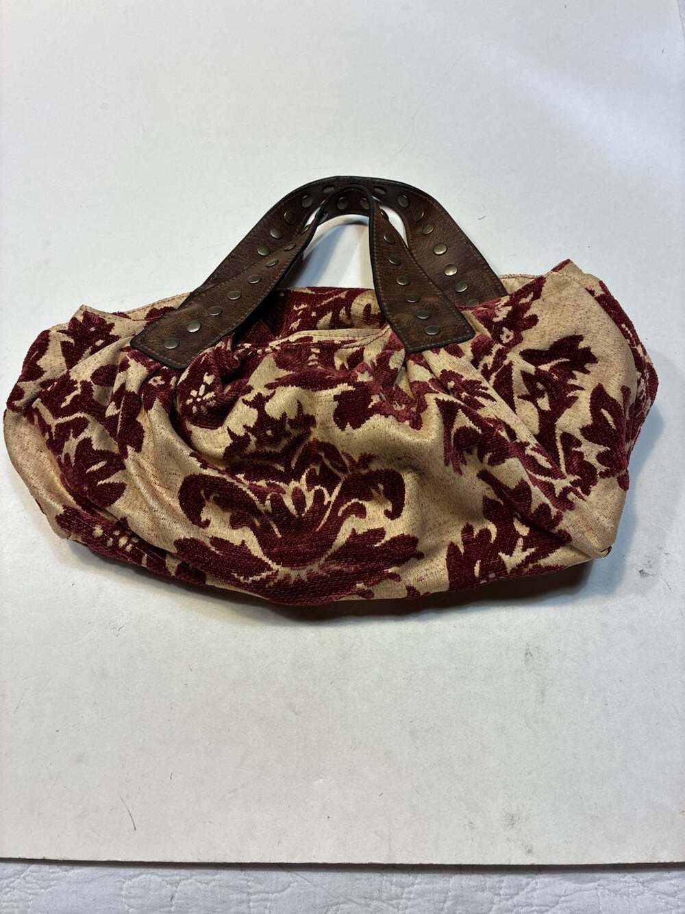 Women’s Beige and Burgundy Patterned Hobo Bag with Brown Leather Handles